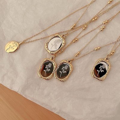 Titanium Steel Mirror Embossed Rose Square Pendant Women Necklace